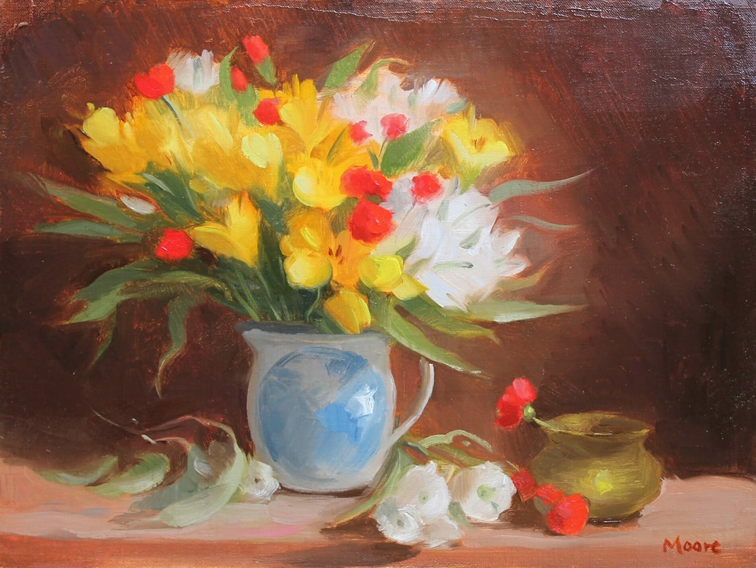 Wright Moore : Peruvian Lilies: This Salmagundi work of art is titled, "Peruvian Lilies". Oil. 12 x 16 (size) 14 x 18 (framed). Wright was born in San Antonio, TX and has lived in the New York metro area for 30 years. He studied art