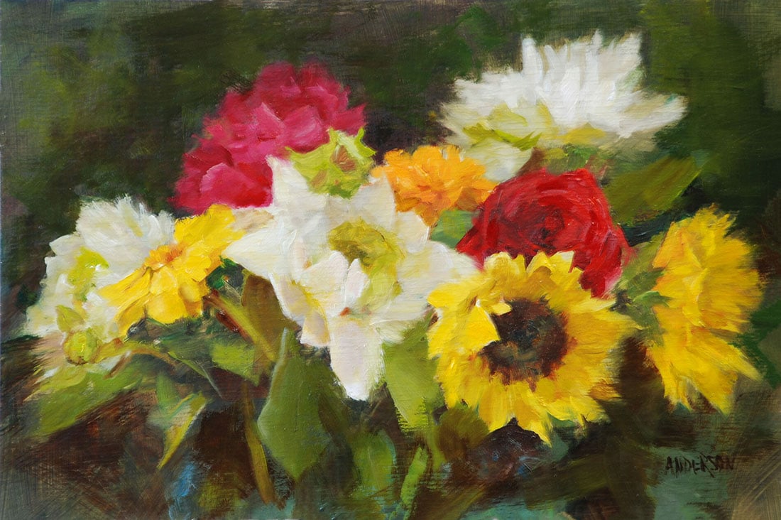 Kathy Anderson : Bouquet with Sumflowers: This Salmagundi work of art is titled, "Bouquet with Sumflowers". Oil. 8 x 12 (size) 11 x 15 (framed). Kathy is included in many prestigious private collections, is a master signature member of Oil Pa