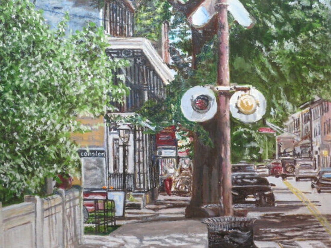 Roger Rossi : Lambertville Crossing: This Salmagundi work of art is titled, "Lambertville Crossing". Oil. 16 x 20 (size) 22 x 26 (framed). Roger Rossi is currently a member of the Public Relations Committee. Having been a member since 20