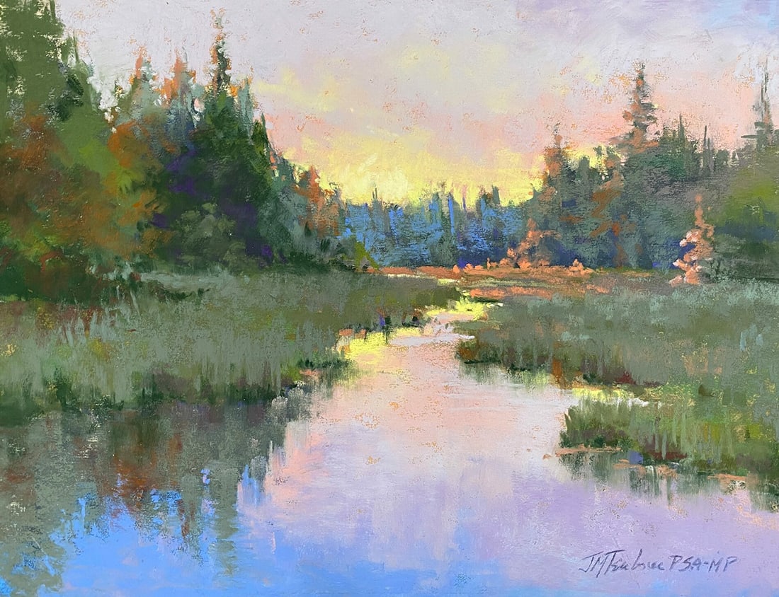 Jane McGraw-Teubner : Sunset at Acadia: This Salmagundi work of art is titled, "Sunset at Acadia". Pastel. 9 x 12 (size) 16 x 19 (framed). Jane in a Master Pastelist with the Pastel Society of America and has been designated Eminent Pasteli