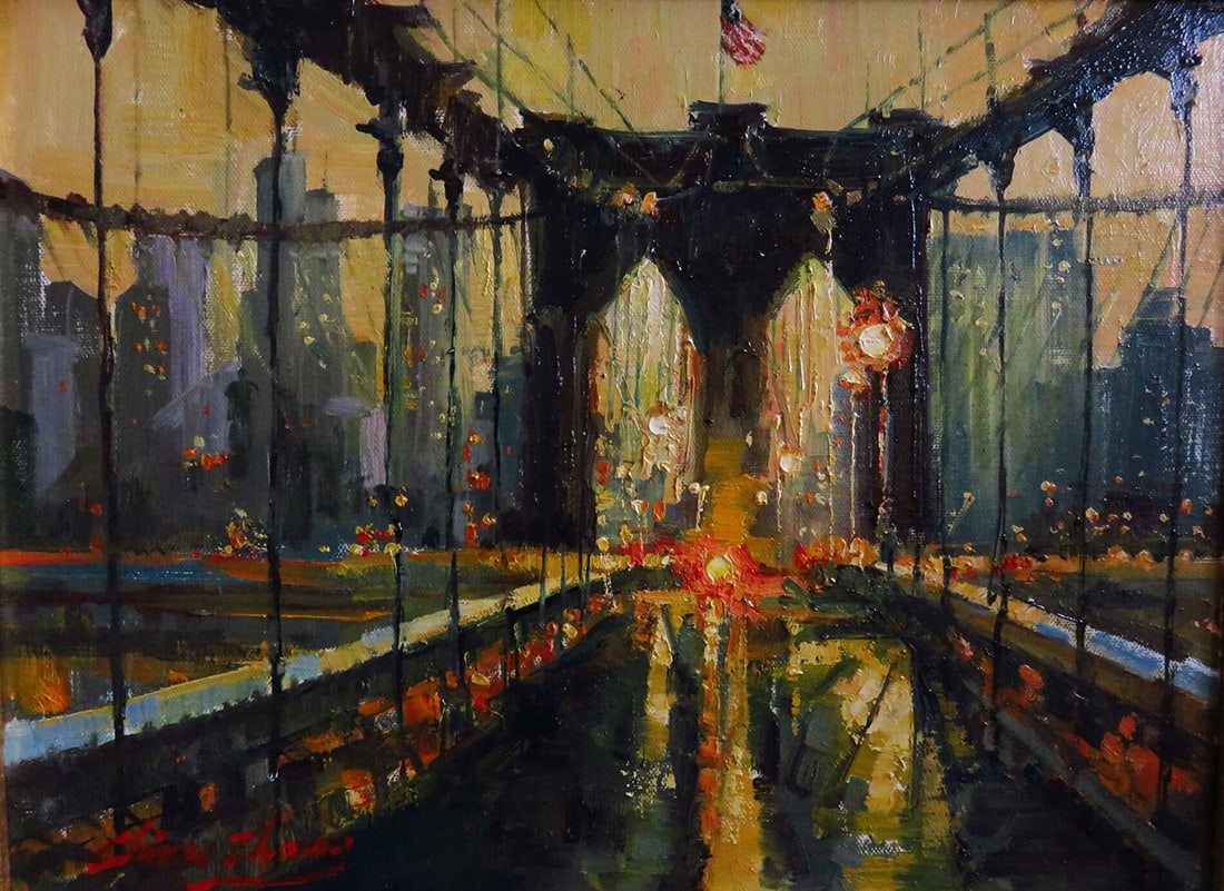 Christopher Zhang : Brookline Bridge Evening Light: This Salmagundi work of art is titled, "Brookline Bridge Evening Light". Oil. 12 x 16 (size) 18 x 22 (framed). OPA master, COPLEY master, numerus awards winner