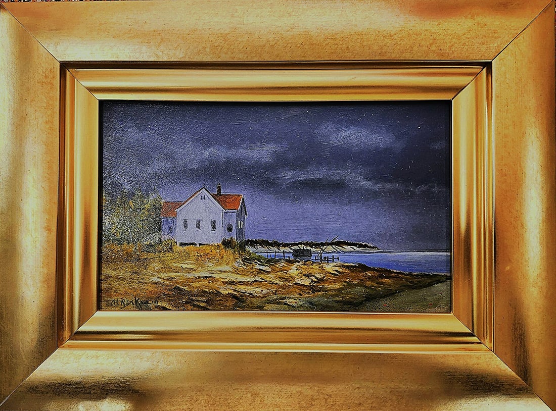 Albert Barker : Saturday Night Card Game: This Salmagundi work of art is titled, "Saturday Night Card Game". Oil. 6 x 9.5 (size) 10.5 x 14 (framed). Al Barker was born in New Jersey and was raised within the New York Metropolitan area where h