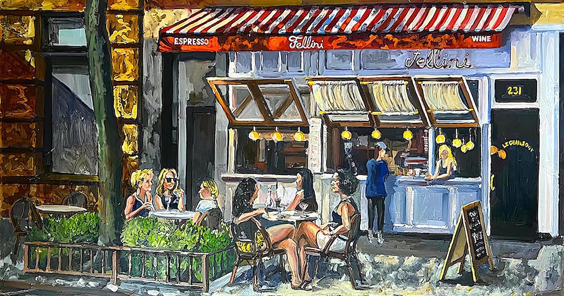 Arthur Henry Jens : Fellini: This Salmagundi work of art is titled, "Fellini". Oil. 16 x 30 (size) 18 x 32 (framed). Henry creates art that resonates with his audience, using his aesthetic to symbolize the indomitable spirit and 