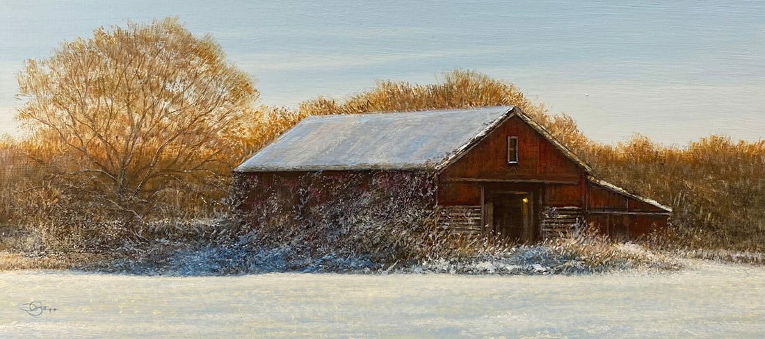 Del-Bourree Bach : A Crisp Winter Day: This Salmagundi work of art is titled, "A Crisp Winter Day". Acrylic. 5 x 11 (size) 9 x 15 (framed). Del-Bourree Bach has been a full time professional artist and a Salmagundi member for 45 years. His