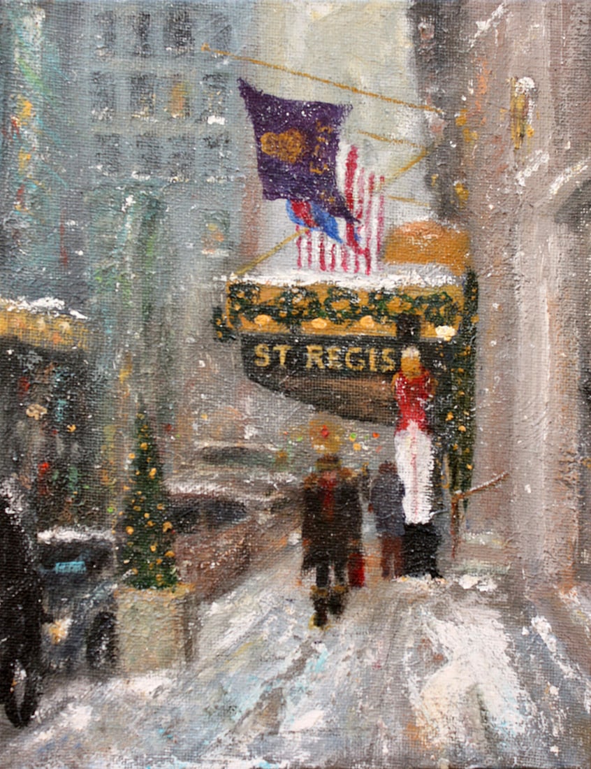 Joseph Grieco : ST. Regis Hotel Winter: This Salmagundi work of art is titled, "ST. Regis Hotel Winter". Oil. 8 x 6 (size) 12 x 10 (framed). Mr. Grieco is a nationally known artist and has received over 200 awards. He is a member of numerou