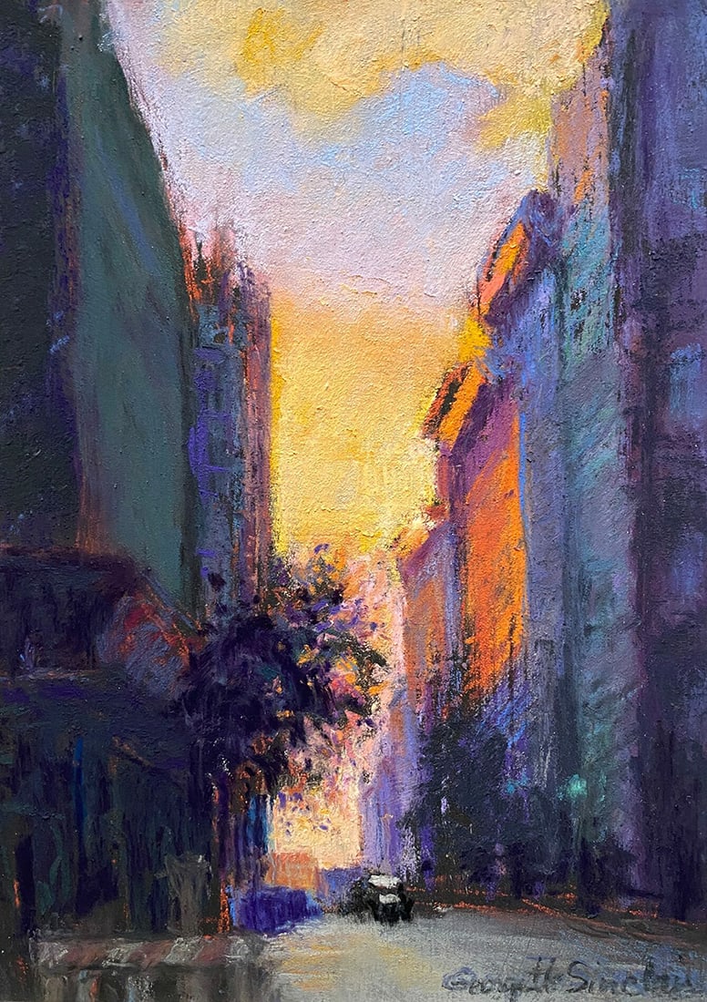 Georgette Sinclair : Sunset in New York City: This Salmagundi work of art is titled, "Sunset in New York City". Pastel. 7 x 5 (size) 14 x 11 (framed). Georgette Sinclair is an active member of the Salmagundi club since 2001 and RIVAA, and an asso