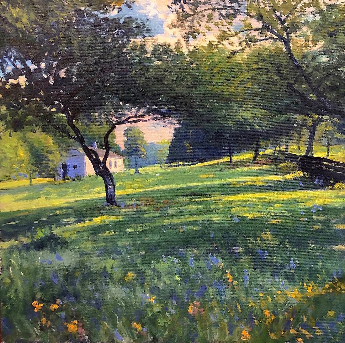 Richard Rosenblatt : Spring in Shore Park: This Salmagundi work of art is titled, "Spring in Shore Park". Oil. 20 x 20 (size) 24 x 24 (framed). Richard Rosenblatt is a Brooklyn based New York native, whose father, David, was a noted WWII mural