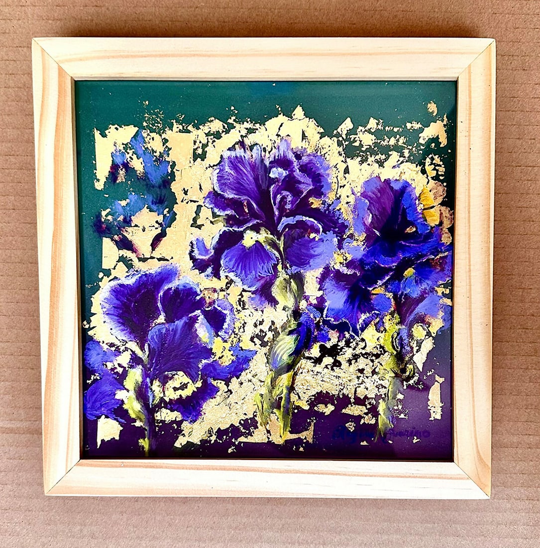 Regina Guarino : Iris on 23k Gold: This Salmagundi work of art is titled, "Iris on 23k Gold". Oil. 8 x 8 (size) 9 x 9 (framed). Regina Guarino is a realist oil painter with a Master's degree from Fordham University. He is a member of T