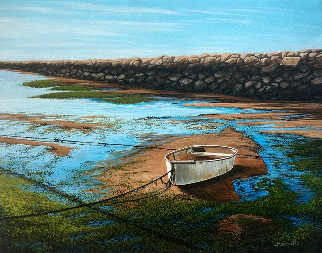 John Mansueto : Stranded Dinghy: This Salmagundi work of art is titled, "Stranded Dinghy". Acrylic. 11 x 14 (size) 14 x 17 (framed). John Mansueto is an award winning painter on the south shore of Long Island. He was formally trained