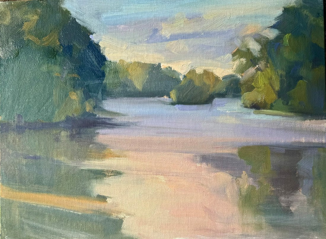 Pratima Rao : Evening light at Marlu Lake, Thompson Park, NJ (Plein Air): This Salmagundi work of art is titled, "Evening light at Marlu Lake, Thompson Park, NJ (Plein Air)". Oil. 9 x 12 (size) 11 x 14 (framed). Pratima Rao is a national award-winning landscape artist from 