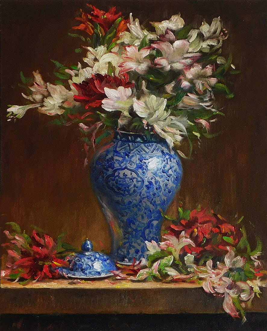Zhi Li : Flower in Blue White Vase: This Salmagundi work of art is titled, "Flower in Blue White Vase". Oil. 14 x 11 (size) 18 x 15 (framed). Zhi is member of the Salmagundi Club, CLWAC Art Club, and Oil Painters of America. Her paintin