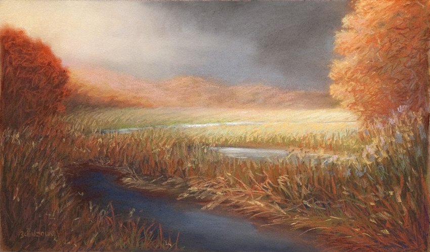 "Autumn Storm", Jan Blencowe,: Turbulent sky and the rich colors of autumn. Pastel. Image: 9.5 x 16. Framed: 18.5 x 25.5.