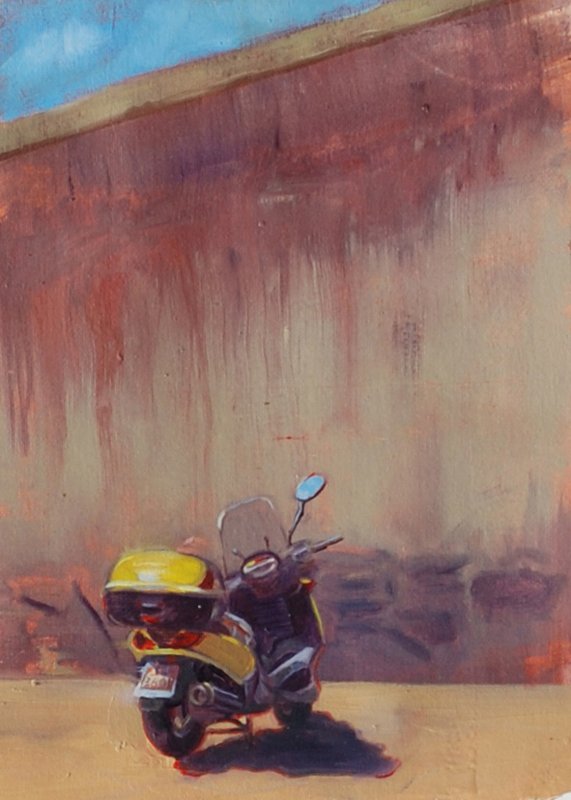 "Italian Scooter", Janet Cook,: Scooter was parked down by the rowing club in FLorence. Oil. Image: 8 x 10. Framed: 12 x 15.