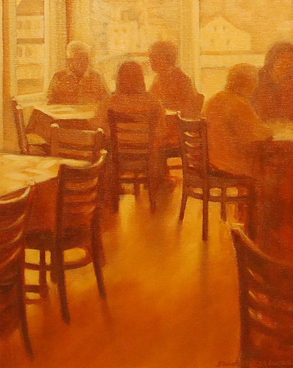 "Riverside Rendezvous", Sarah Stifler Lucas,: Couples in silhouette in cafe. Oil. Image: 14 x 11. Framed: 20 x 17.