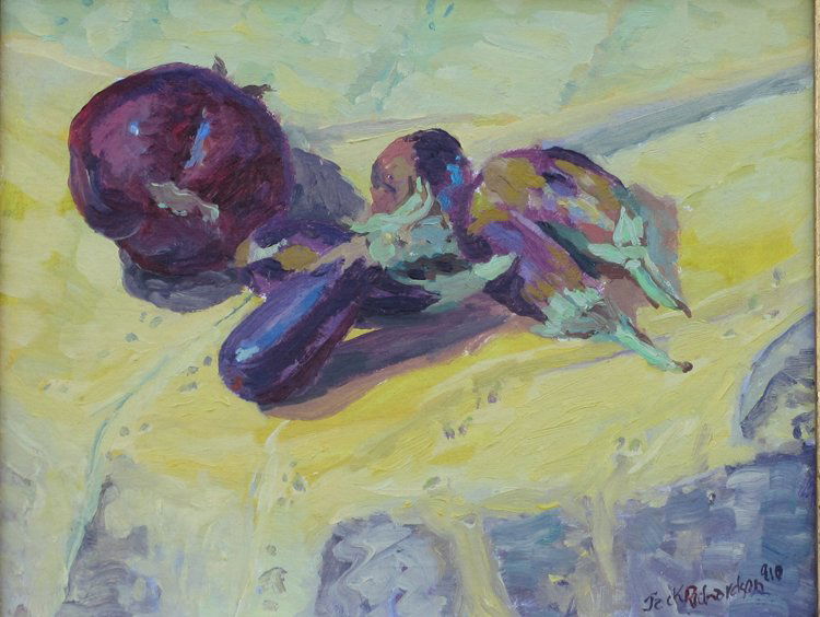 "Eggplants", John Richardson,: Egg plants on yellow table cloth. Oil. Image: 11 x 14. Framed: 18 x 21.