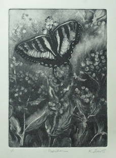"Papillion", Karen Loew,: Created at one of the famous Salmagundi monotype parties. Monotype. Image: 7 x 5. Framed: 16 x 13.