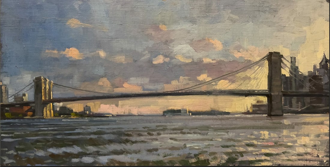 Garin Baker : Brooklyn Bridge at Sunset: This Salmagundi work of art is titled, "Brooklyn Bridge at Sunset" (Salmagundi Club Collection). Oil. 12 x 20 (size) 18 x 26 (framed). NY based Realist Artists Garin Baker is an instructor at the pres