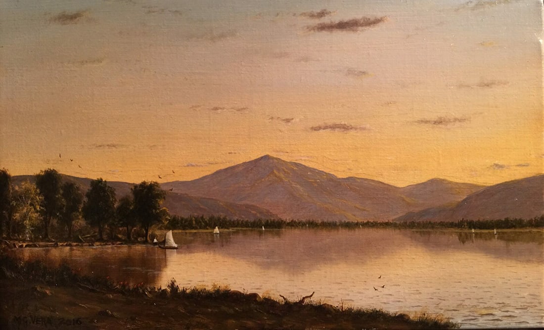 Marco Giovanni Vera : Sunset on Lake George: This Salmagundi work of art is titled, "Sunset on Lake George" (Salmagundi Club Collection). Oil. 8 x 13 (size) 12 x 17 (framed). Marco Giovanni Vera was born in New York City in 1991. As an artist, V