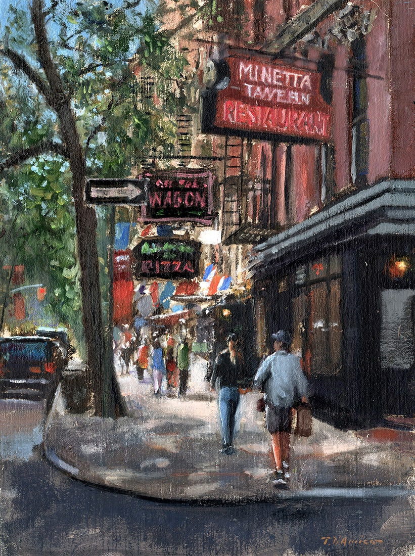 Tony D'Amico : Saturday Morning on MacDougal Street: This Salmagundi work of art is titled, "Saturday Morning on MacDougal Street" (Salmagundi Club Collection). Oil. 12 x 9 (size) 17 x 14 (framed). Tony D’Amico’s artwork has been recognized with num
