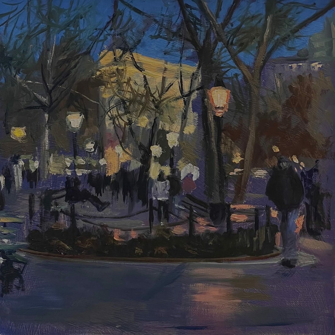 Megan Lawlor : Washington Square, Nocturne: This Salmagundi work of art is titled, "Washington Square, Nocturne" (Salmagundi Club Collection). Oil. 10 x 10 (size) 11.5 x 11.5 (framed). Megan is a classically trained American painter, educated a