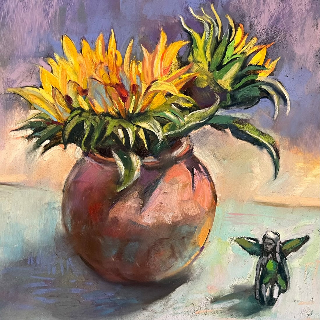 Fang Sullivan : Sunflower Fairy: This Salmagundi work of art is titled, "Sunflower Fairy" (Salmagundi Club Collection). Pastel. 9 x 9 (size) 16 x 16 (framed). Fang Sullivan is a contemporary figurative artist known for her distinctiv
