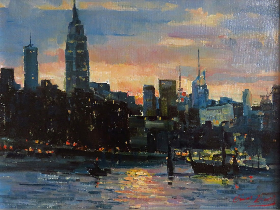 Christopher Zhang : NYC Ferry Harbor: This Salmagundi work of art is titled, "NYC Ferry Harbor" (Salmagundi Club Collection). Oil. 12 x 16 (size) 18 x 22 (framed). OPA Master, Copley Master, AAPL Elected artist... Nemours awards winner.