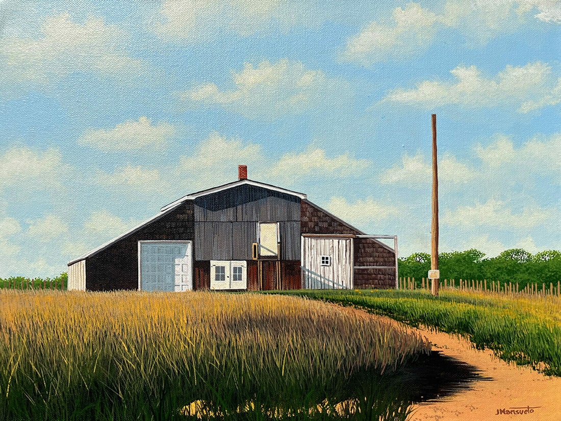 John Mansueto : Old Barn: This Salmagundi work of art is titled, "Old Barn" (Salmagundi Club Collection). Acrylic. 12 x 16 (size) 14.5 x 18 (framed). John Mansueto is a fine art landscape painter who resides in Islip Hamlet. H