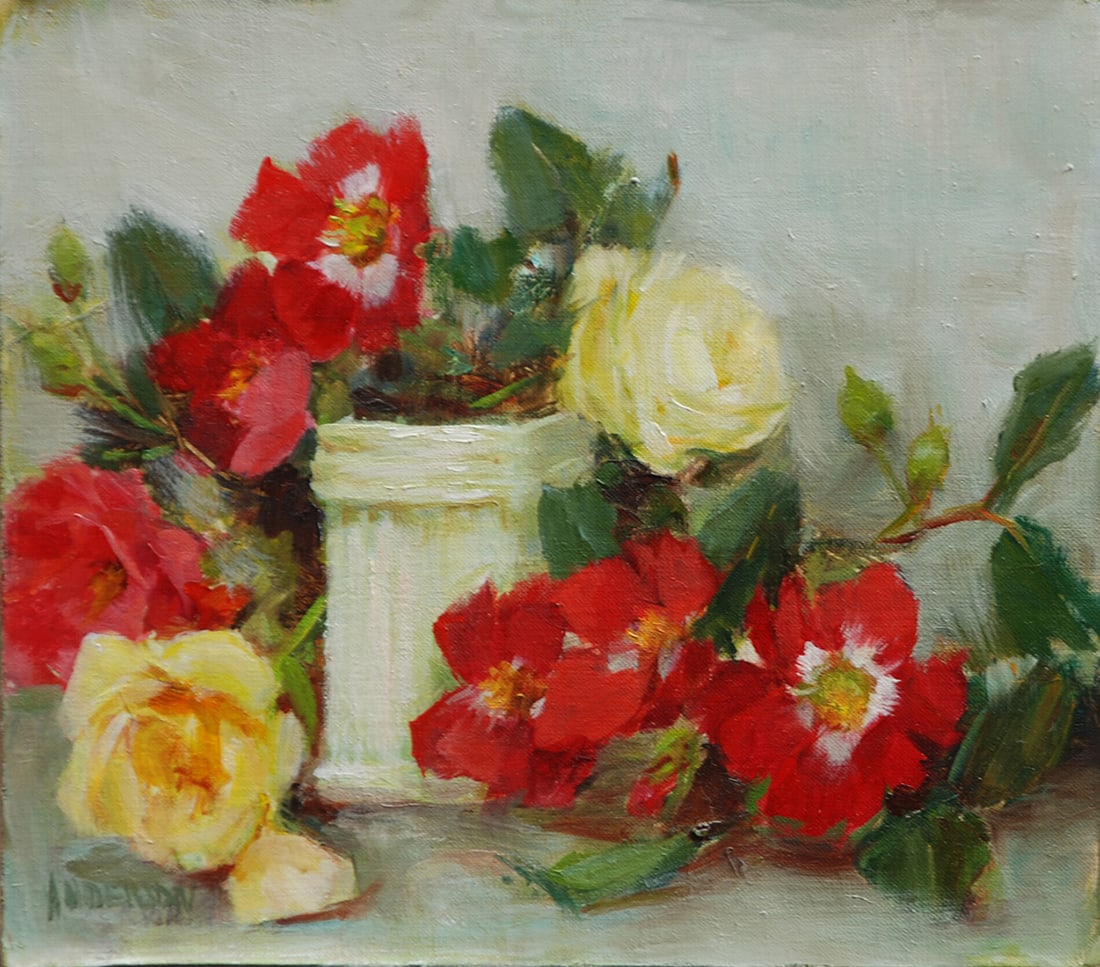Kathy Anderson : Roses in a Salt Vase: This Salmagundi work of art is titled, "Roses in a Salt Vase". Oil. 7x8 (size) 11 x 12 (framed). Kathy is included in many prestigious private collections, is a master signature member of Oil Painters