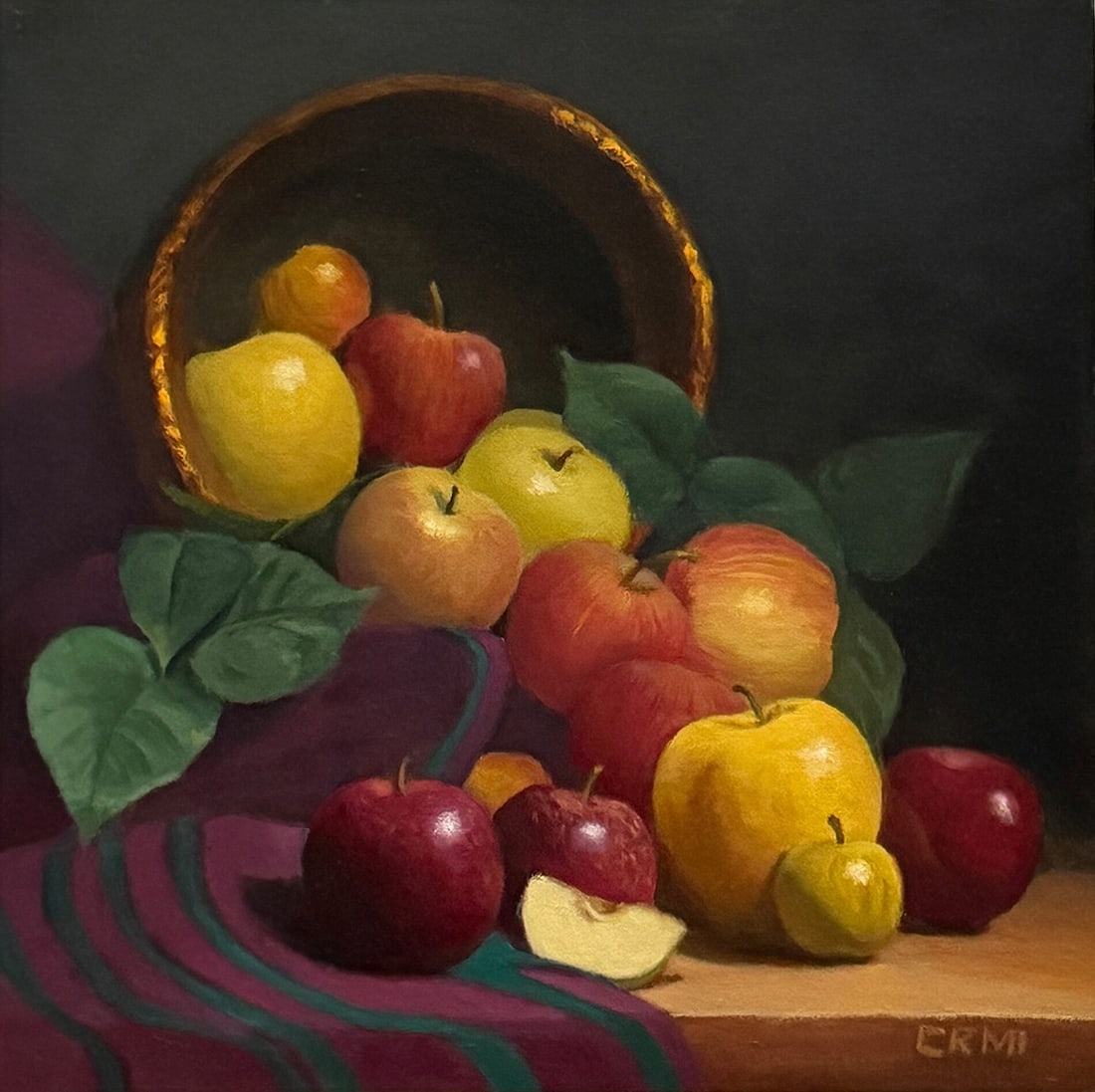 Cecilia Mongrut : Harvesting Diversity: This Salmagundi work of art is titled, "Harvesting Diversity". Oil. 12x12 (size) 13.5x13.5 (framed). Cecilia is a figurative artist based in New York City. After an early retirement from her career as
