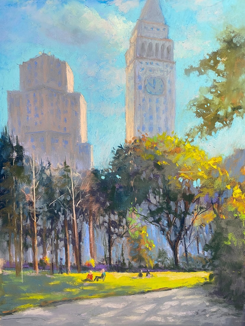 Jane McGraw -Teubner : Madison Square Park Spring: This Salmagundi work of art is titled, "Madison Square Park Spring". Pastel. 12x9 (size) 17x14 (framed). Jane McGraw-Teubner is a Signature Member/Master Pastelist with the PSA and a Master Circle Rec