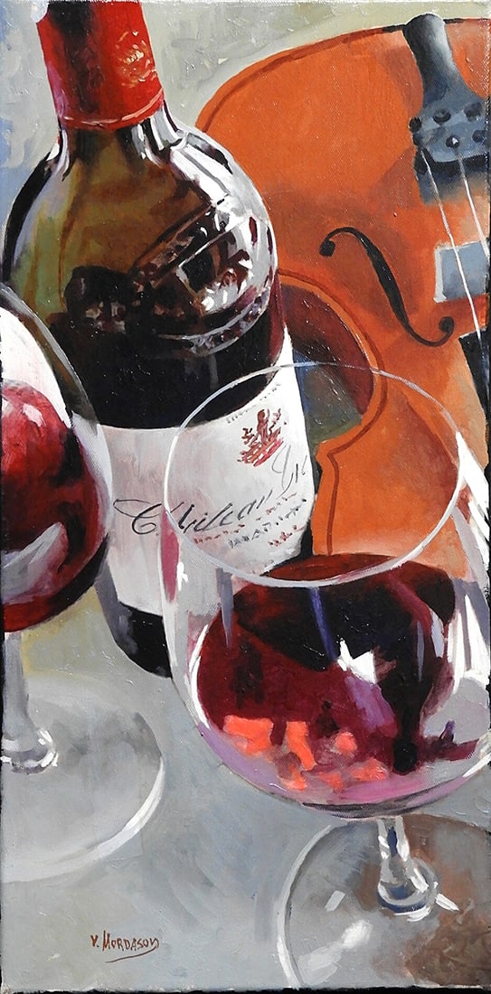 Victor Mordasov : Glass of Wine and Violin: This Salmagundi work of art is titled, "Glass of Wine and Violin". Oil. 20x10 (size) 27x17 (framed). Victor paints a variety of subjects and portrays not just their exterior, but character and persona