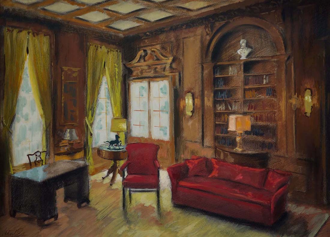 Yifan Qiu : Echoes Between the Shelves: This Salmagundi work of art is titled, "Echoes Between the Shelves". Mixed Media. 16x22 (size) 21x26 (framed). Ethan Qiu merges East-West duality in figurative works. Working primarily in oil, he also