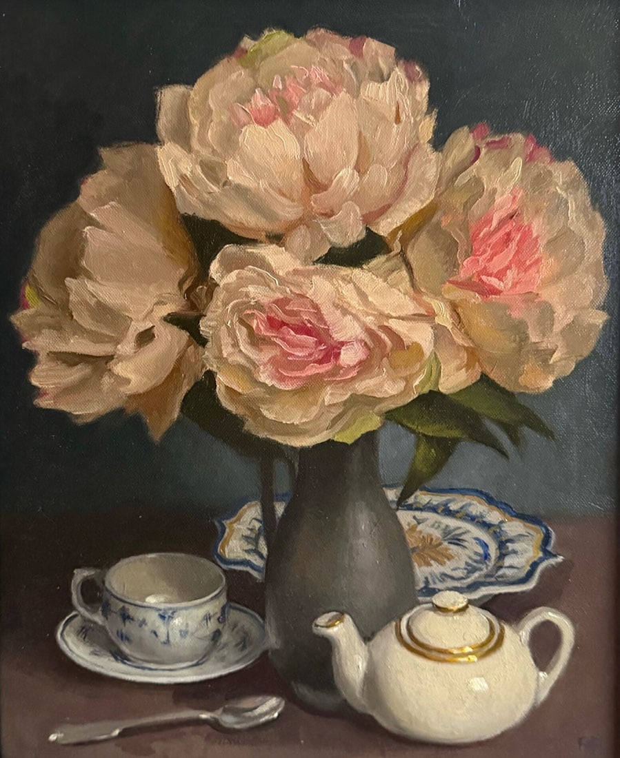 Ricardo Perez : Table Setting with Peonies: This Salmagundi work of art is titled, "Table Setting with Peonies". Oil. 16x12 (size) 17x13 (framed). Rick Perez is a representational artist working in oil. He studied at SVA and the Art Students Le
