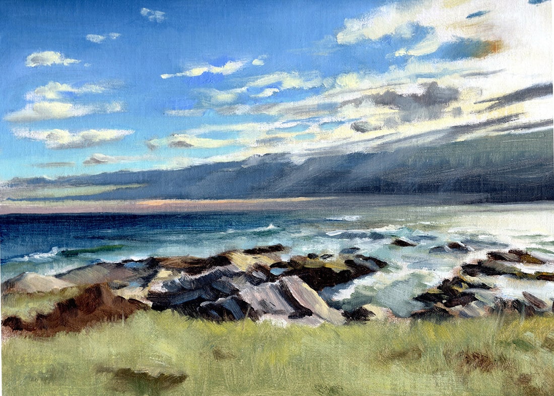 Annie Patt : Rhode Island Shore II: This Salmagundi work of art is titled, "Rhode Island Shore II". Oil. 9x12 (size) 10x13 (framed). Annie is a long-time club member working in the media of oil, India ink, and printmaking. She depicts a