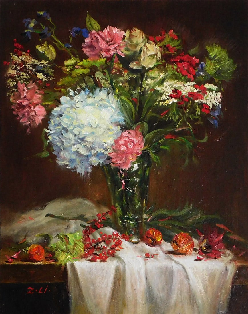 Zhi Li : Floral in Glass with Chinese Lantern: This Salmagundi work of art is titled, "Floral in Glass with Chinese Lantern". Oil. 14x11 (size) 18x15 (framed). Zhi is member of Salmagundi Club, the CLWAC Art Club & Oil Painter of America. Her pain