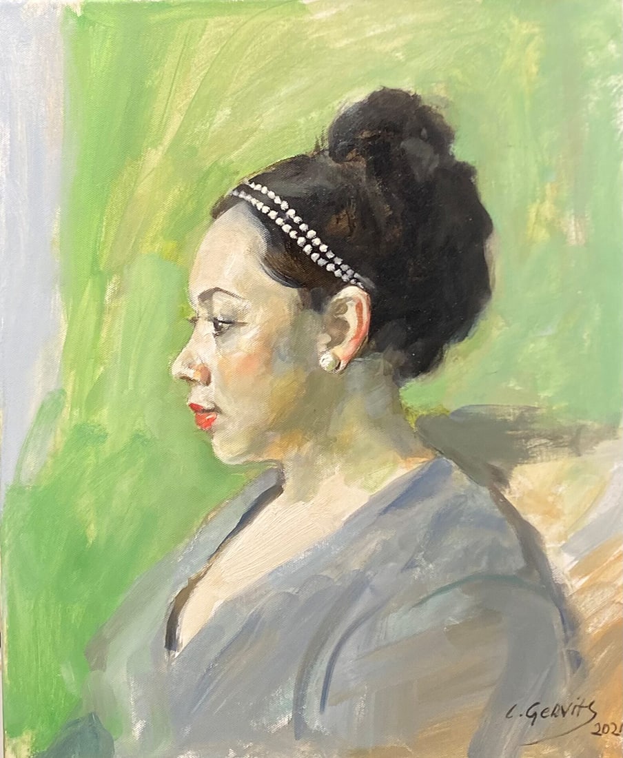 Leonid Gervits : Arielle: This Salmagundi work of art is titled, "Arielle". Oil. 20x16 (size) 24x20 (framed). Gervits was born in Odessa, Ukraine and graduated from Odessa Art College & MFA from Repin Academy In St. Petersburg