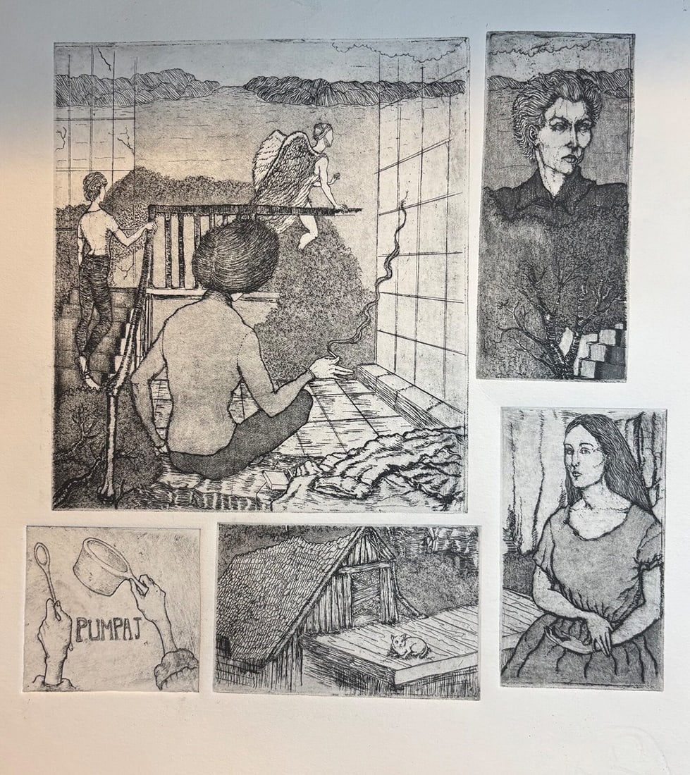 Leslie Erdman : Who's Singing Over There?: This Salmagundi work of art is titled, "Who's Singing Over There?". Printmaking. 12x11 (size) 18x14 (framed). An Upstate New Yorker, Leslie Erdman received degrees at Bryn Mawr College and Cornell Uni