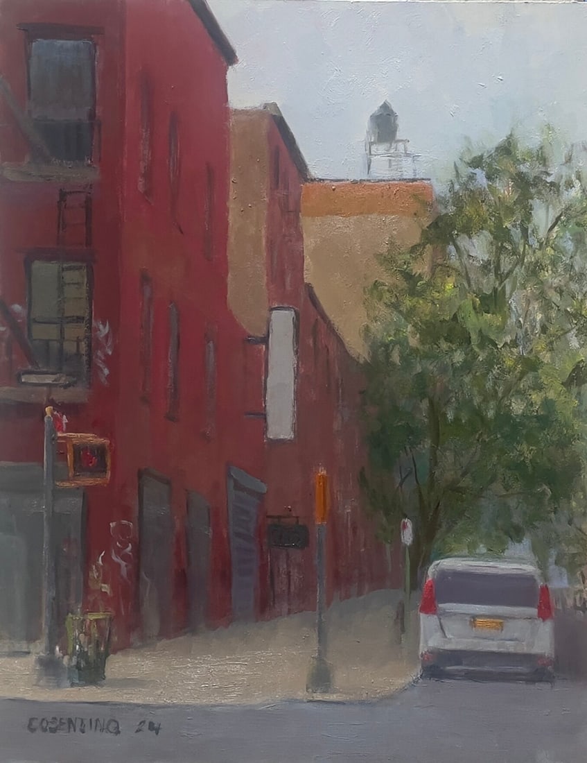 Steven Cosentino : East Side Corner: This Salmagundi work of art is titled, "East Side Corner". Oil. 16x12 (size) 21x17 (framed). Steve Cosentino taught at the Art Students League for a year in the late 1980s.He paints on the Streets of
