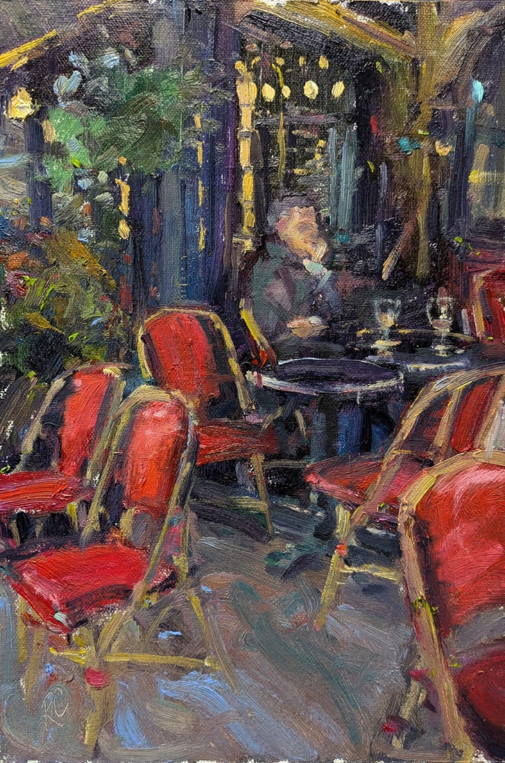Robin Cheers : A Quiet Moment: This Salmagundi work of art is titled, "A Quiet Moment". Oil. 12x8 (size) 17x13 (framed). Robin Cheers is an artist working in the impressionist tradition focused on representing the figure and everyd