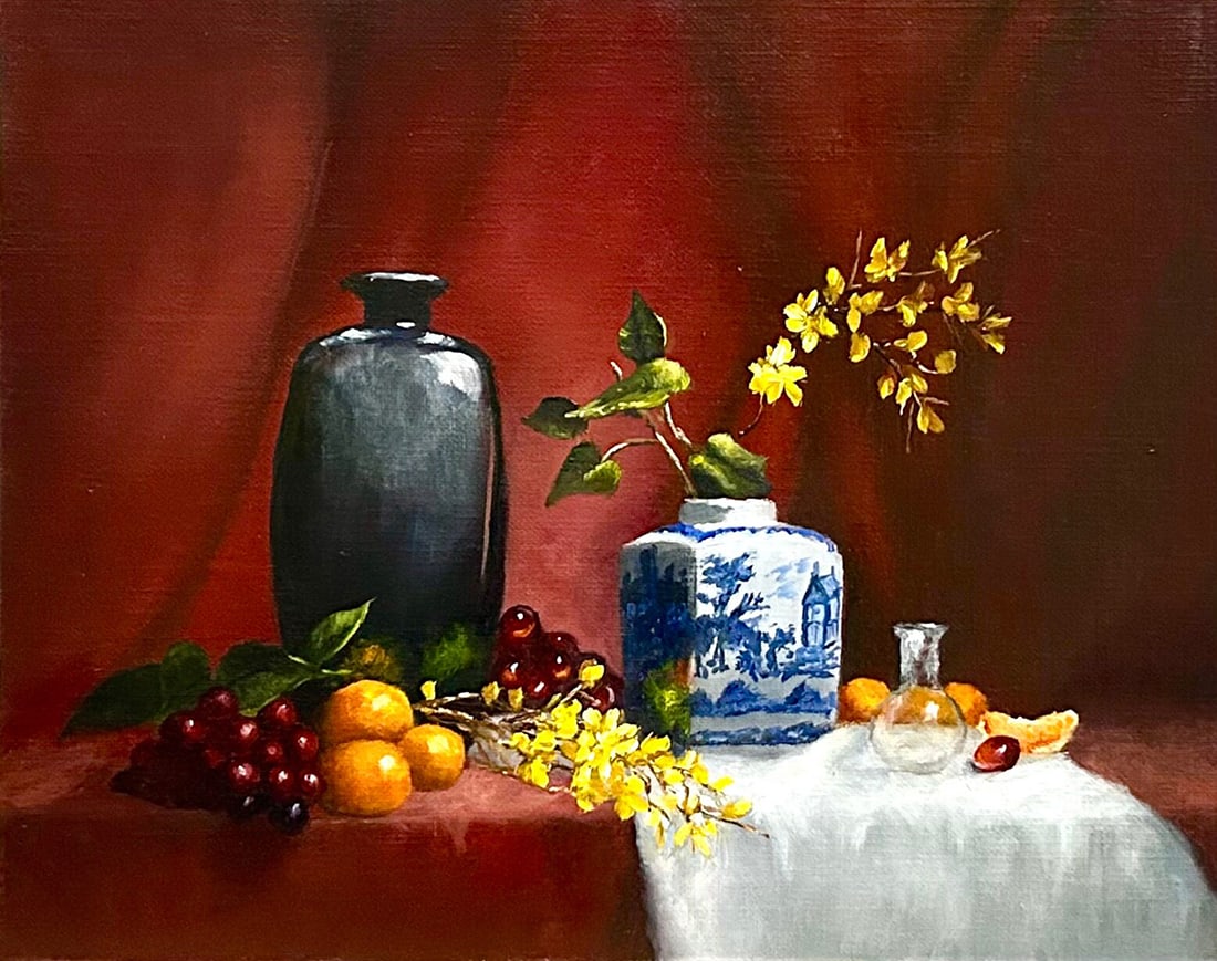 Katherine Hedden : Still Life with Mixed Fruit and White Blossoms: This Salmagundi work of art is titled, "Still Life with Mixed Fruit and White Blossoms". Oil. 16x20 (size) 21x25 (framed). Katherine is an Emmy, Peabody and Promax award winner when she worked for ABC