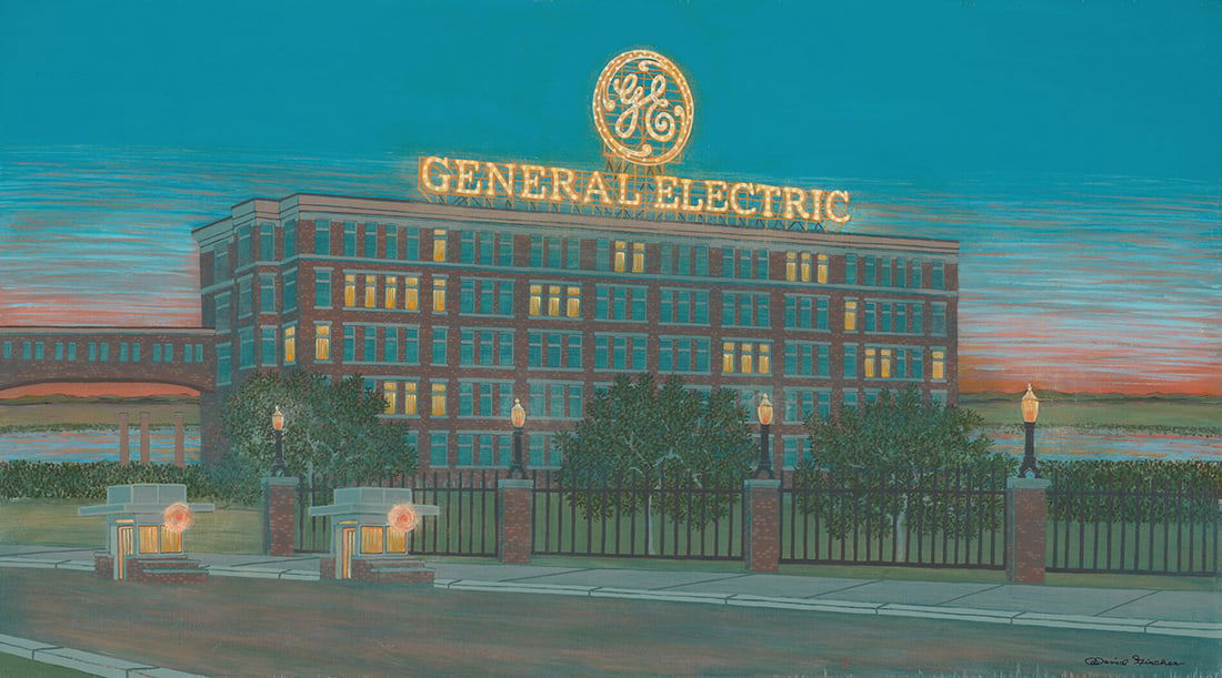 David Hinchen : Electric City (Schenectady, New York): This Salmagundi work of art is titled, "Electric City (Schenectady, New York)". Acrylic. 20x35 (size) 21x36 (framed). Hinchen is an architectural artist who explores the mood and sense of place that o