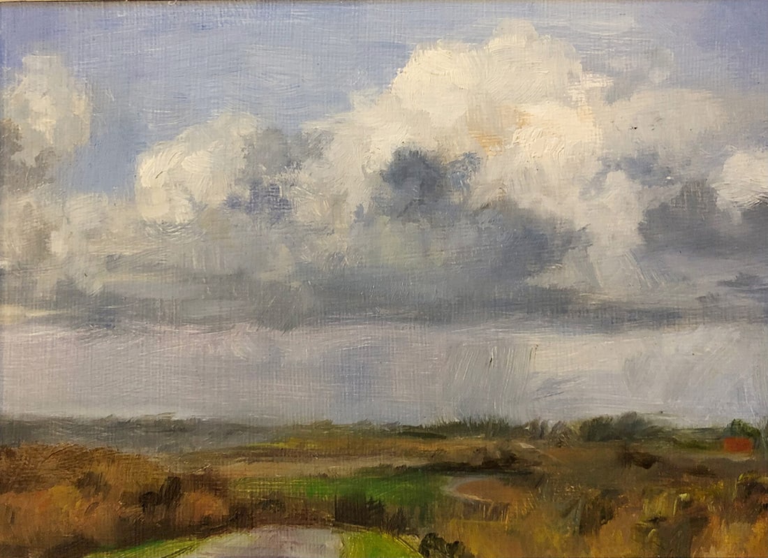 Oscar Peterson : Cloudy Landscape: This Salmagundi work of art is titled, "Cloudy Landscape". Oil. 4.75x6.75 (size) 10x12 (framed). An internationally known, award-winning artist, Oscar Peterson's style is realism with an impressionist