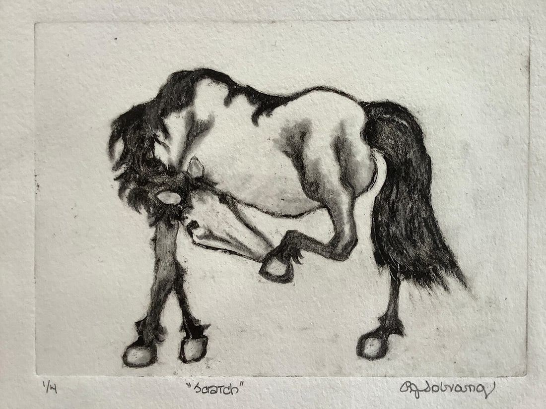 Robin Jane Solvang : Scratch: This Salmagundi work of art is titled, "Scratch". Printmaking. 5x7 (size) 12x16 (framed). Robin Solvang has been a Salmagundi Resident Artist since 2012 working in oils, monotypes, pen& ink, graphite,