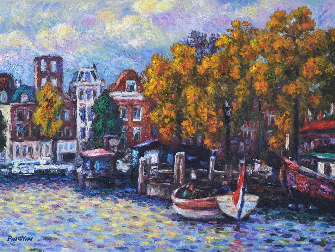 Ping Yin : Autumn in Amsterdam: This Salmagundi work of art is titled, "Autumn in Amsterdam". Oil. 18x24 (size) 22x28 (framed). Ping Yin is an artist from China, he has been the winner of many important prizes in China.In 1993 he cr