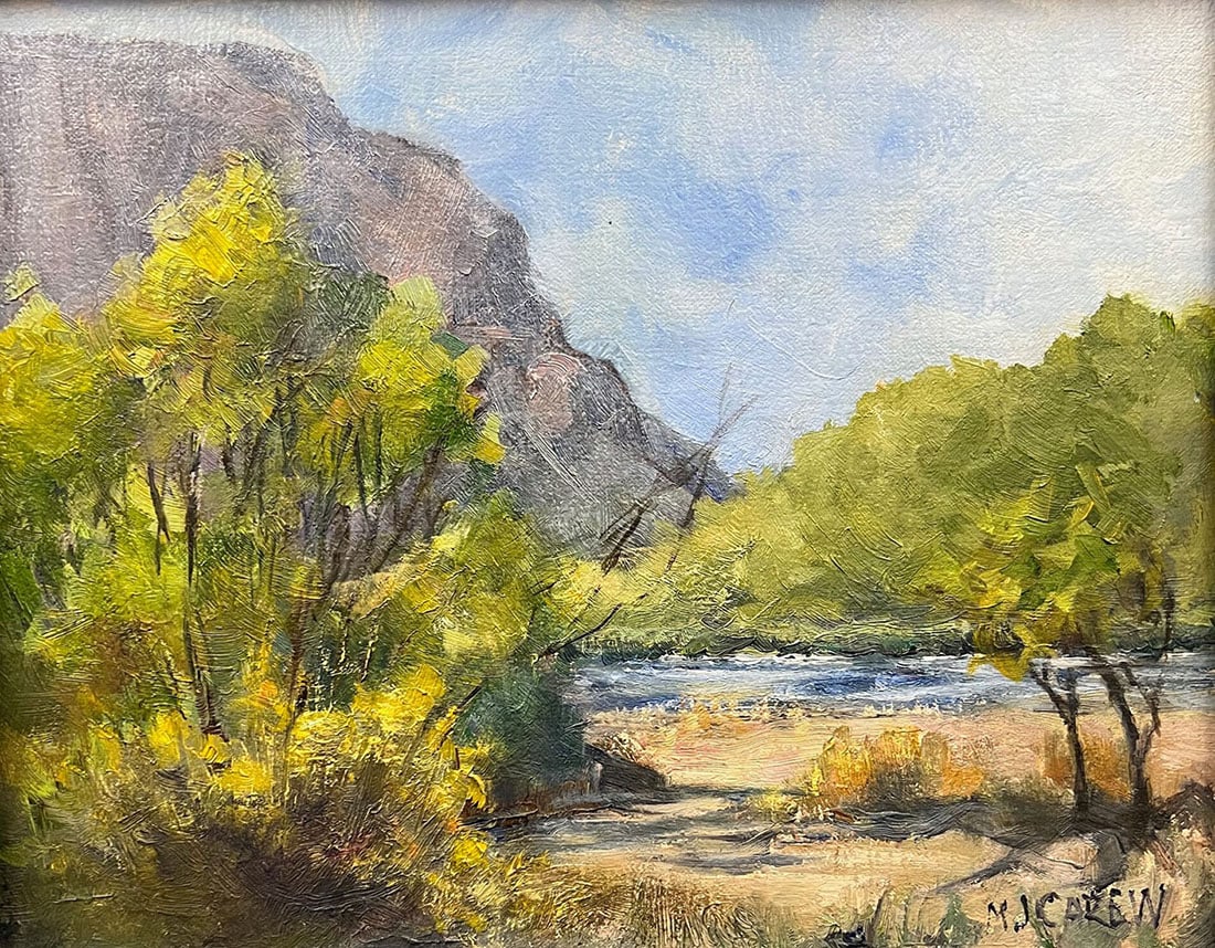 Mary Carew : A Rio Grand Day: This Salmagundi work of art is titled, "A Rio Grand Day ". Oil. 8x10 (size) 9x11 (framed). Mary Jo Carew is a realist oil painter who has been inspired by the impressionists. She paints that moment
