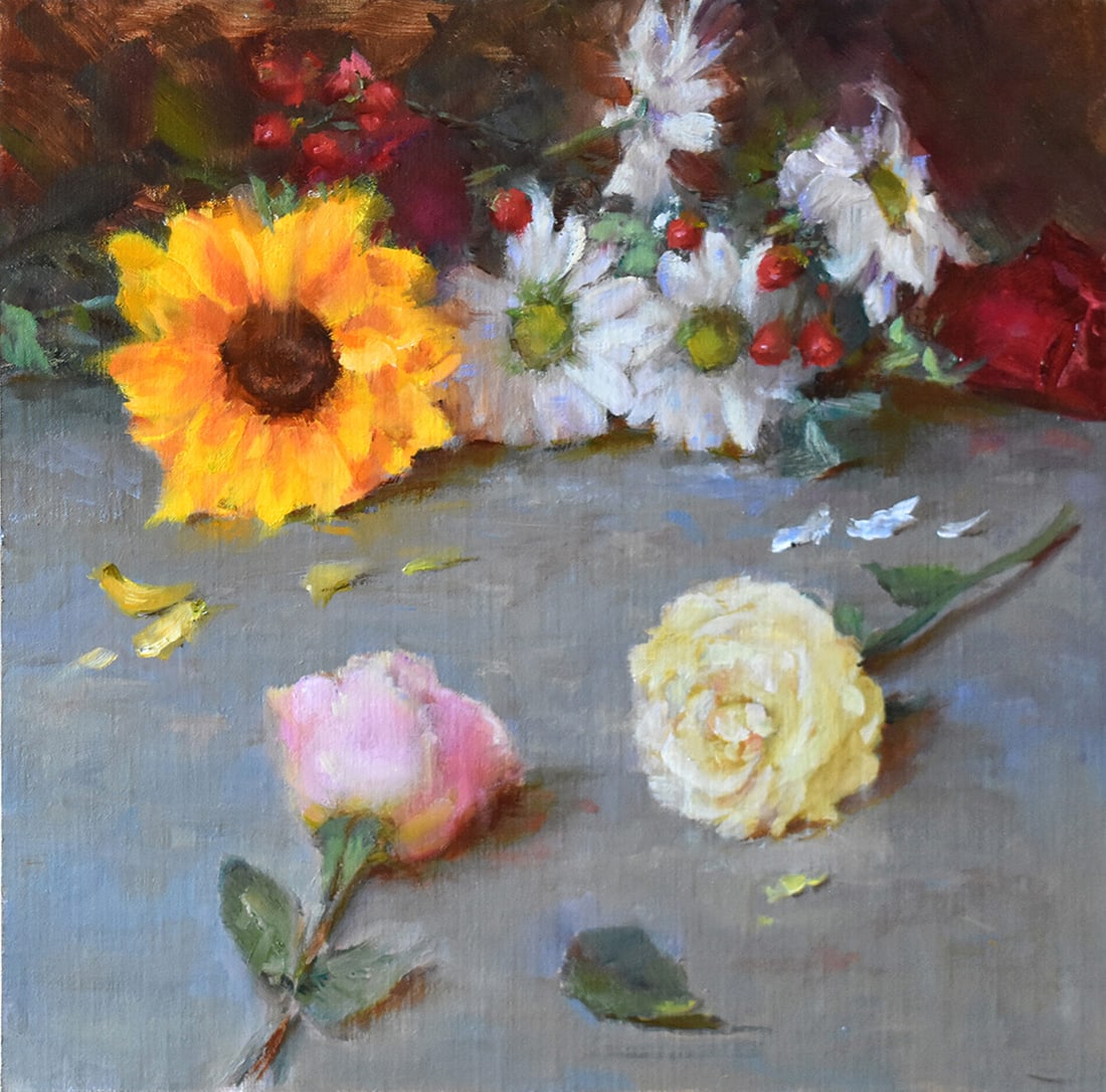 Aida Garrity : Sunflowers and Companions: This Salmagundi work of art is titled, "Sunflowers and Companions ". Oil. 12x12 (size) 15x15 (framed). Garrity's sweeping wide-brush background strokes and subtle soft-brush details capture the