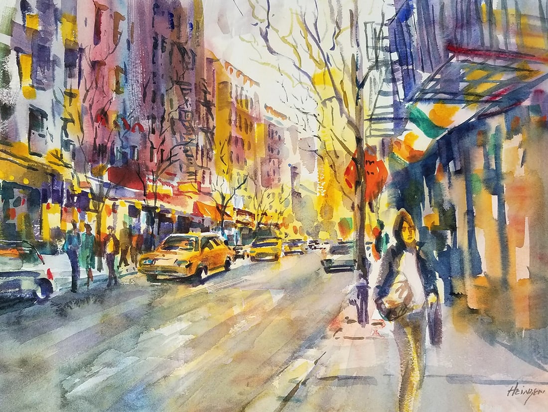 Mary Heinzen : Downtown: This Salmagundi work of art is titled, "Downtown". Watercolor. 11x14 (size) 17x21 (framed). Working in watermedia for decades, Mary Ann Heinzen's paintings are loose, painterly with strong color and
