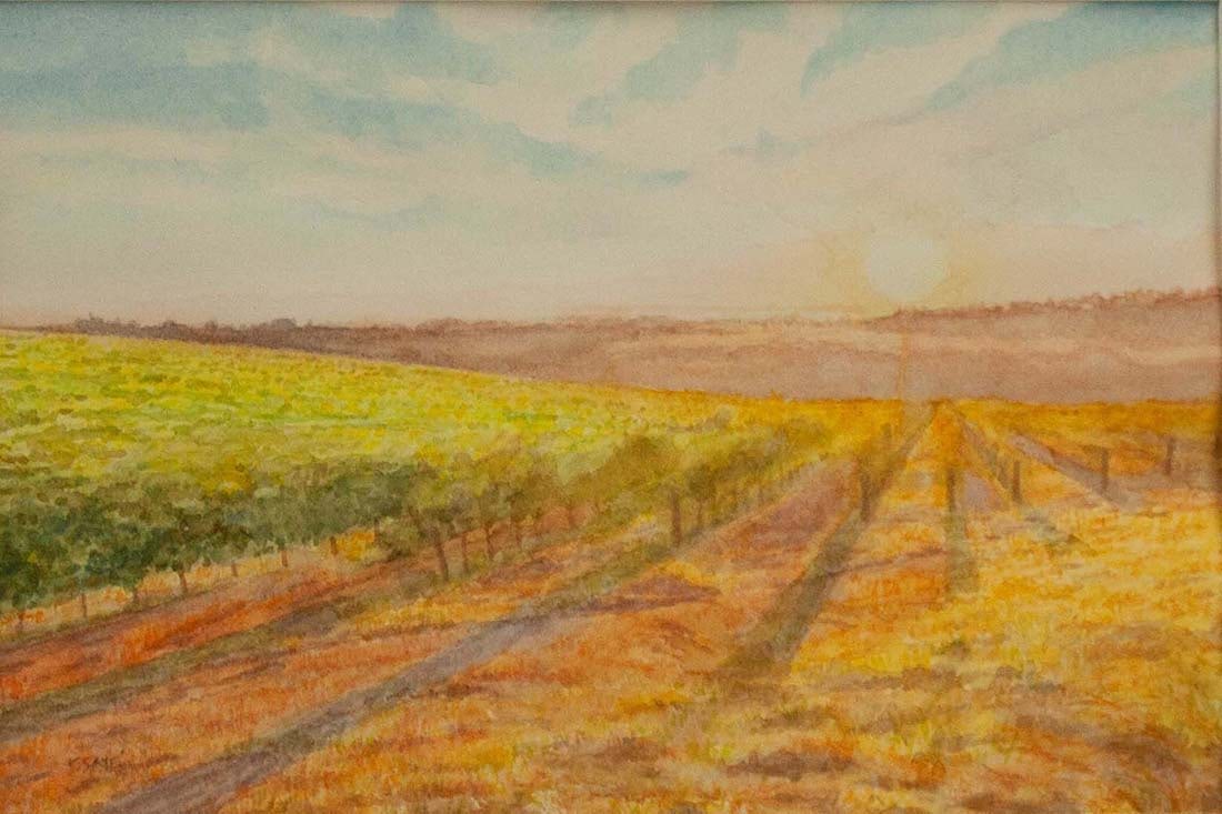 Margaret Simon : Vineyard: This Salmagundi work of art is titled, "Vineyard". Watercolor. 7x10 (size) 10.75x13.75 (framed). Simon's foundational training began at the High School of Music and Art. She holds an M.A. in