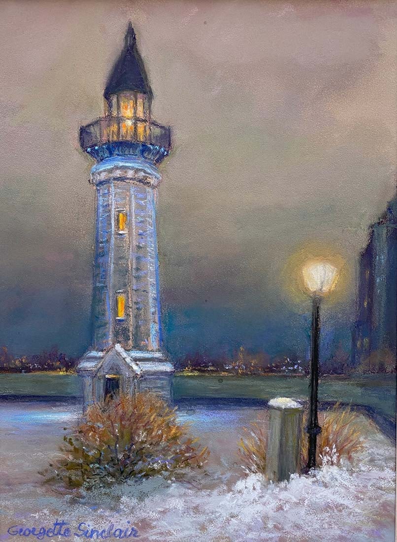 Georgette Sinclair : New York City Lighthouse: This Salmagundi work of art is titled, "New York City Lighthouse". Pastel. 8.5x6 (size) 14x11 (framed). Georgette S.is an award winning artist known for land and city scenes emphasizing mood, light,