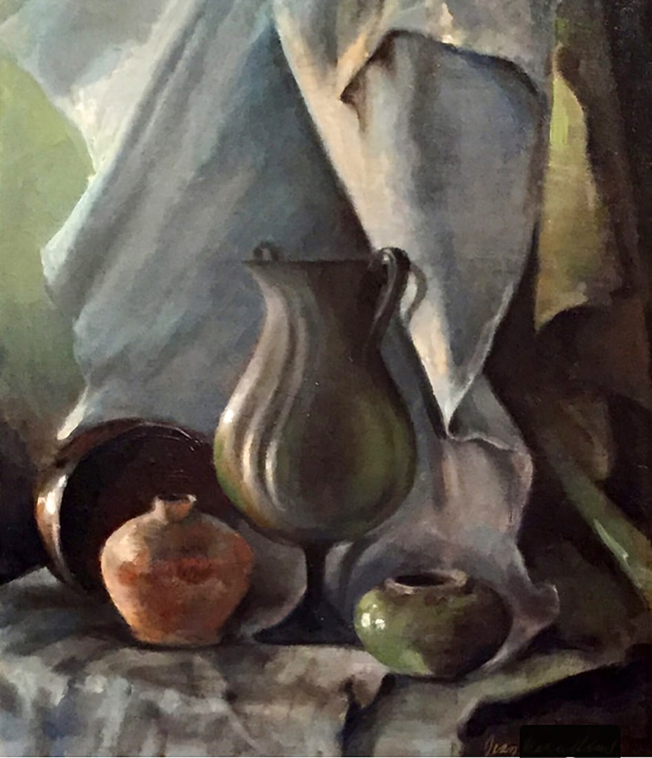 Jean Marcellino : Just Pots: This Salmagundi work of art is titled, "Just Pots". Oil. 16x14 (size) 22x20 (framed). Jean Marcellino has been painting since 2004, after ending a long career as an advertising art director. Her